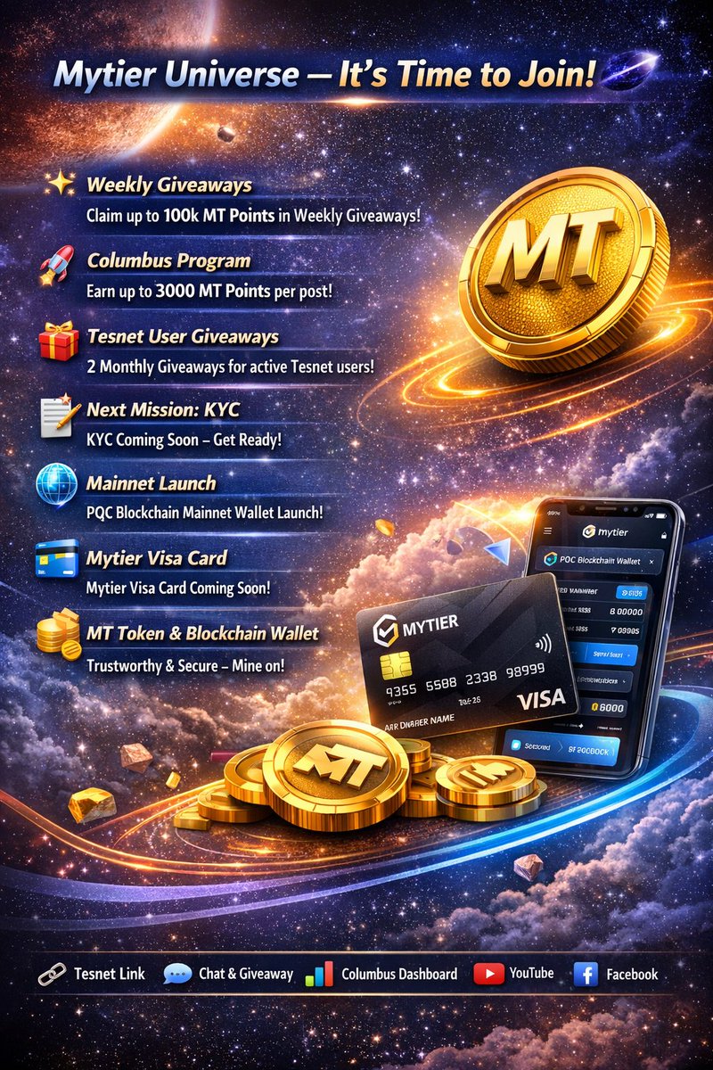 Mytier_BD's tweet photo. Mytier Universe – It’s Time to Join! 

Mytier Universe is now stronger than ever! We are doing everything to keep our promises. Currently, we are on the PQC Testnet, and KYC will be launched soon. Join Mytier Universe now and invite all your friends!

✨ Weekly Giveaways
For our community, we announce Weekly Giveaways every Friday and Tuesday. By participating, you can claim a Random MT Point Box, with a maximum reward of 100k MT Points per box!

🚀 Columbus Program
We recently started the Columbus Program for our community. According to the Tier System, you can earn up to 3000 MT Points per post every month.

🎁 Tesnet User Giveaways
Tesnet users will have 2 giveaways per month. Users with higher activity will earn more MT Points. Bigger opportunities await them after the Mainnet goes live.

📝 Next Mission – KYC
We have gone live with the Tesnet and started working on KYC. According to our roadmap, KYC will go live soon.

🌐 Mainnet Launch
Once the community KYC is successful, we will launch the PQC Blockchain Mainnet Wallet.

💳 Mytier Visa Card
After a successful Mainnet launch, we will launch the Mytier Visa Card based on community voting.

💰 MT Token & PQC Blockchain Wallet
MT Token will be listed on all T1 Exchangers. Your assets in the Mainnet Wallet will remain trustworthy, secure, and protected against quantum hacking.

Mining will continue on schedule, keeping your tokens safe at all times.

📌 Important Links – Follow & Join:

🔗 Tesnet Link: https://t.co/byPfKnC2DK

💬 Mytier Universe Chat & Giveaway: https://t.co/0ZKXPcxKfx

📊 Columbus Dashboard: https://t.co/80r2QPDbB0

▶️ YouTube: https://t.co/FcGIUiJuZ0

🕹️  TikTok :https://t.co/miDgVrQQUQ

📘 Facebook Page: https://t.co/uY72dOoXFo

📝 Signup Link: https://t.co/aosqX5LDlp

📱 App Link (Playstore): https://t.co/fFpMzFr0gj

@Mytier_official  #Mytier #PQC #PQCTestnet #Events #NewMining