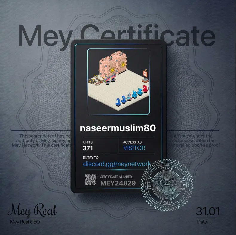 naseermuslim80's tweet photo. Claimed my **MEY Certificate** and I'm in MEY HQ now.

This tier system is kinda fire.

Which one did you get?

@mey_network → https://t.co/JAYbrtEO2l https://t.co/grMIgCvgei