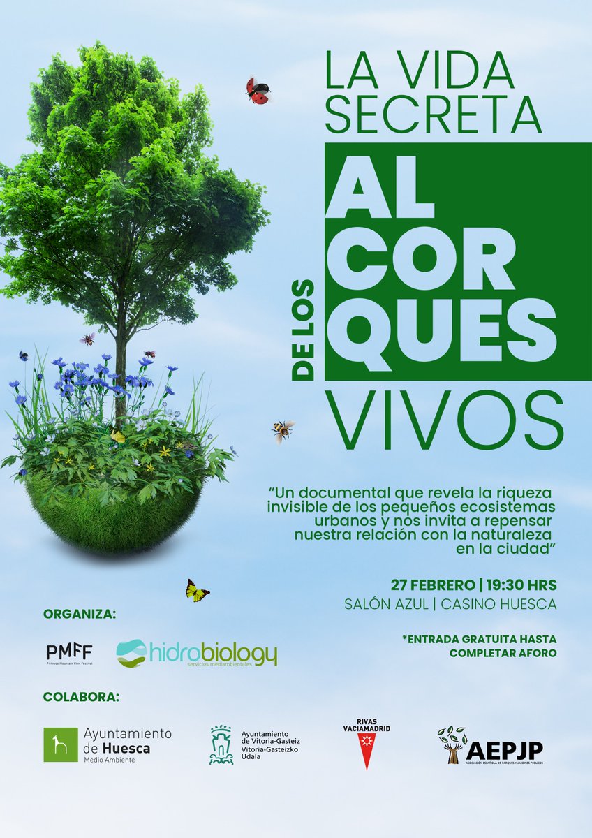 La <a href="/AEPJP/">Asociación Española de Parques y Jardines Públicos</a> patrocina en Huesca la proyección del documental "La vida secreta de los alcorques vivos" 🌿
📅 27 feb | 19:30 h
📍 Casino de Huesca
🎟️ Entrada gratuita
Organiza PMFF + <a href="/Hidrobiology/">Hidrobiology</a> (CEO: Lorena Escuer vocal AEPJP)
#BiodiversidadUrbana #AEPJP #Huesca