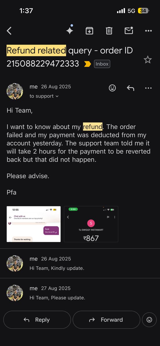 Anandanipunit's tweet photo. @Swiggy dear swiggy I’m fed up with your customer support. Please solve this for me. I had no option but to reach out to you here. This is going on since a year. https://t.co/XzbZyX6xNd