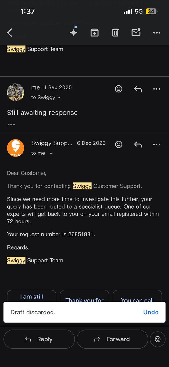 Anandanipunit's tweet photo. @Swiggy dear swiggy I’m fed up with your customer support. Please solve this for me. I had no option but to reach out to you here. This is going on since a year. https://t.co/XzbZyX6xNd