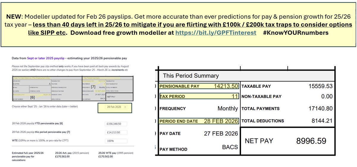 goldstone_tony's tweet photo. NEW: Modeller updated for Feb 26 payslips. Get more accurate than ever predictions for pay & pension growth for 25/26 tax year – less than 40 days left in 25/26 to mitigate if you are flirting with £100k / £200k tax traps to consider options like SIPP etc. To use this strategy you need to know YOUR numbers, for example 'headroom' after your carry forward & your NHS pension growth. Download free growth modeller at https://t.co/xwAun9BU40 #KnowYOURnumbers