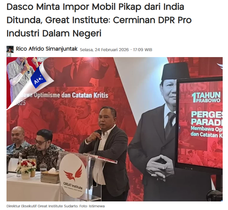 PittTayag's tweet photo. Dasco Minta Impor Mobil Pikap dari India Ditunda, Great Institute: Cerminan DPR Pro Industri Dalam Negeri https://t.co/6isK8yijdS