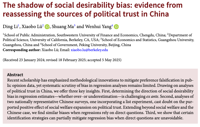 PSRMJournal's tweet image. 🧐 Can we trust estimates of political trust when preferences are hidden?

➡D Li, X Lü, S Ma &amp;amp; W Yang show social desirability can bias regressions, question the link between welfare and trust, and offer ways to reduce bias cambridge.org/core/journals/… #FirstView