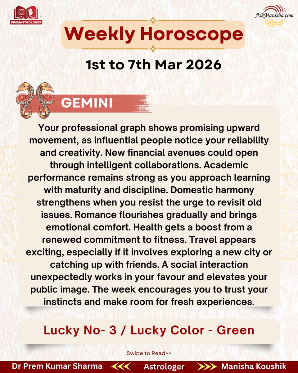 premastrologer's tweet photo. Weekly Horoscope 1st to 7th Mar'2026

#Aries #Taurus #Gemini #Cancersign
#weeklyhoroscope

To check your sign pls click the link below:
https://t.co/oEtBrLnw0A
For personal consultation at +919216141456 https://t.co/BLTJPxYzqI