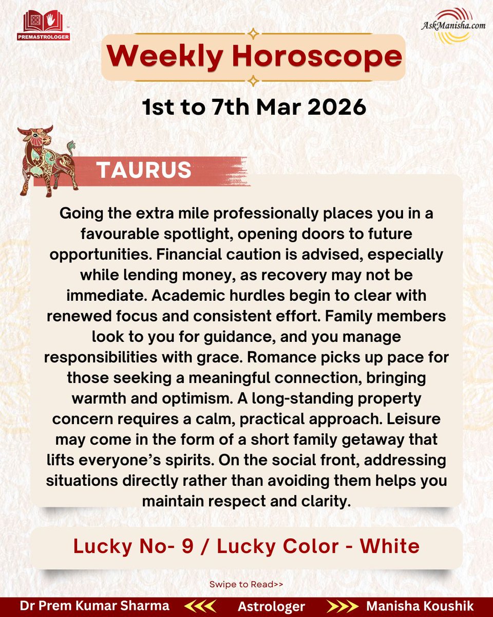 premastrologer's tweet photo. Weekly Horoscope 1st to 7th Mar'2026

#Aries #Taurus #Gemini #Cancersign
#weeklyhoroscope

To check your sign pls click the link below:
https://t.co/oEtBrLnw0A
For personal consultation at +919216141456 https://t.co/BLTJPxYzqI