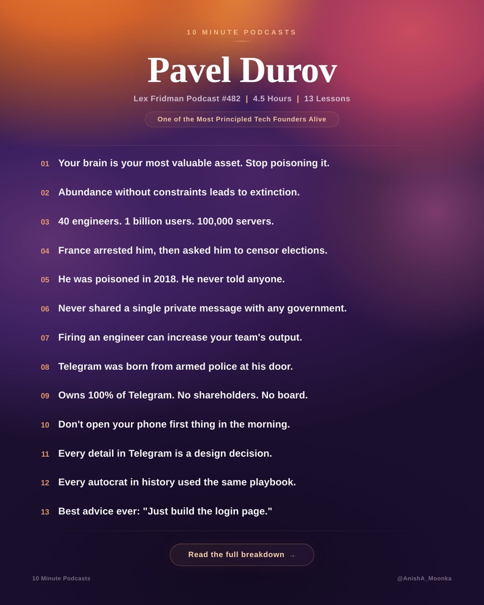 Pavel Durov sat with Lex Fridman for 4.5 hours, and I've watched it three times now.

It is the most important tech founder interview ever. The man who owns 100% of the billion-user platform Telegram &amp; runs it with 40 engineers.

My notes:

𝟭. 𝗬𝗼𝘂𝗿 𝗯𝗿𝗮𝗶𝗻 𝗶𝘀 𝘆𝗼𝘂𝗿