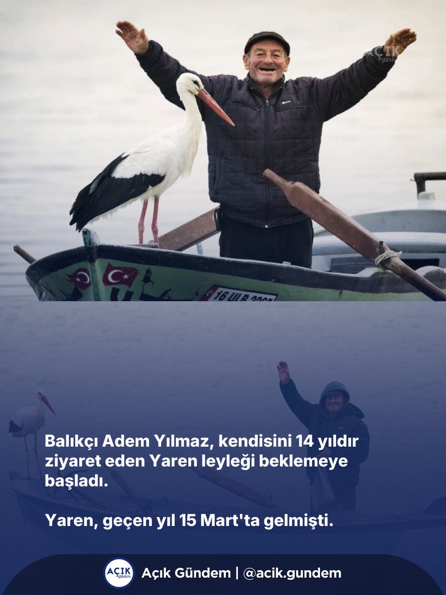 Balıkçı Adem Yılmaz, kendisini 14 yıldır ziyaret eden Yaren leyleği beklemeye başladı. 

⏳Yaren, geçen yıl 15 Mart'ta gelmişti.