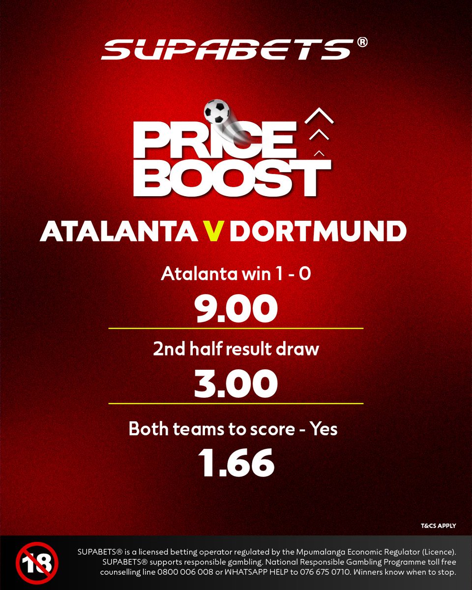 Supabets_mzansi's tweet image. ⚽️ATALANTA NEED TO STRIKE QUICK AND FAST TO HAVE ANY HOPES OF ADVANCING🧐

🚀 bit.ly/3UvaGbC ✅

#PriceBoost #UCL #ATABVB #Supabets

18+ / Bet Responsibly