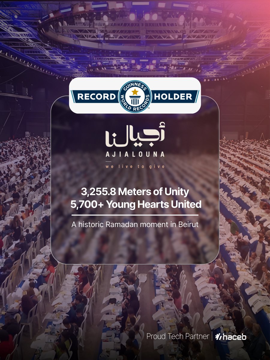 Haceblb's tweet photo. Congratulations to @Ajialouna on setting a @GWR  Guinness World Record in Beirut.

3,255.8 meters. 5,700+ children. One powerful Ramadan moment of unity.

Proud to stand with organizations creating real impact.

#Ajialouna #GuinnessWorldRecords #Ramadan #Haceb https://t.co/7EWGEVSxwH
