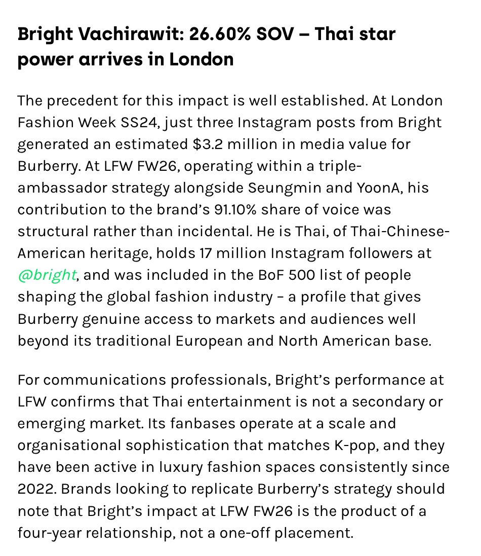 London Fashion Week FW26: How Burberry, K-pop, and a Thai Superstar Turned London Into the World’s Most Watched Runway
[onclusive.com/resources/blog…]

ประเด็นสำคัญาก London Fashion Week FW26 
-Burberry ครองกระแสหลักของงานด้วย Share of Voice สูงถึง 91.10% จาก 114 แบรนด์
