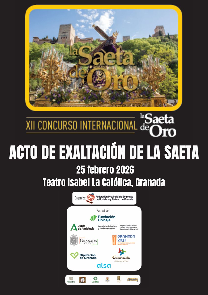 Y hoy damos inicio a La Saeta de Oro 2026 con...

 #WeloveGranada #LaSaetadeOro2026 #SemanaSantaGranada #GranadaSpain #AndalusianCrush #ViveAndalucia #granada2031
<a href="/welovegranada/">WeloveGranada</a> <a href="/FundUnicaja/">Fundación Unicaja</a> <a href="/viveandalucia/">Vive Andalucía</a>
<a href="/TurismoAND/">Consejería de Turismo y Andalucía Exterior</a> <a href="/aytogr/">Ayuntamiento de Granada</a> @2031granada <a href="/dipgra/">Diputación de Granada</a>
<a href="/turgranada/">Turismo Granada</a> <a href="/Alsa_autobuses/">Alsa</a>