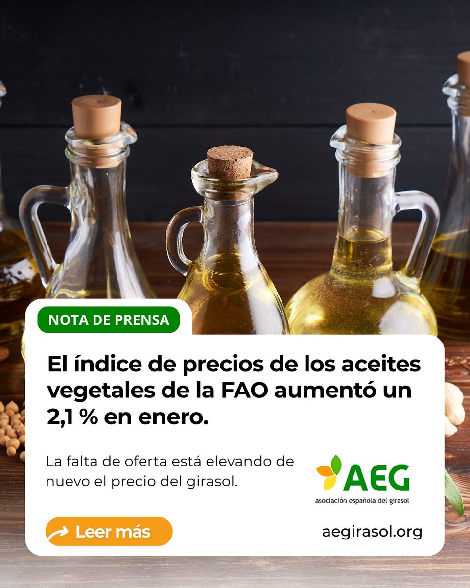 📣 El índice de precios de los aceites vegetales de la FAO aumentó un 2,1 % en enero.

📲 Léela completa en aegirasol.org o accede directamente desde aquí ➡️  aegirasol.org/el-indice-de-p…

#Aegirasol #girasol #cultivos #asociaciónespañoladelgirasol #SemillasDeCalidad