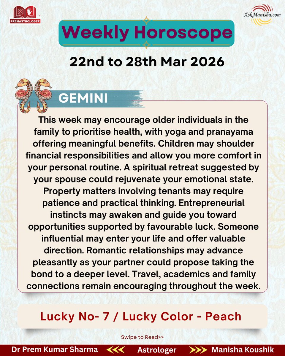 premastrologer's tweet photo. Weekly Horoscope 22nd to 28th Mar'2026
#Aries #Taurus #Gemini #Cancersign
#weeklyhoroscope

To check your sign pls click the link below:
https://t.co/oEtBrLmYb2
For personal consultation at +919216141456 https://t.co/RM6zj3jdgC