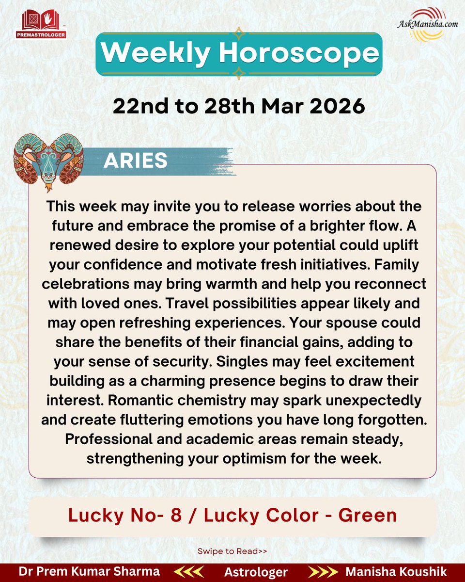 premastrologer's tweet photo. Weekly Horoscope 22nd to 28th Mar'2026
#Aries #Taurus #Gemini #Cancersign
#weeklyhoroscope

To check your sign pls click the link below:
https://t.co/oEtBrLmYb2
For personal consultation at +919216141456 https://t.co/RM6zj3jdgC