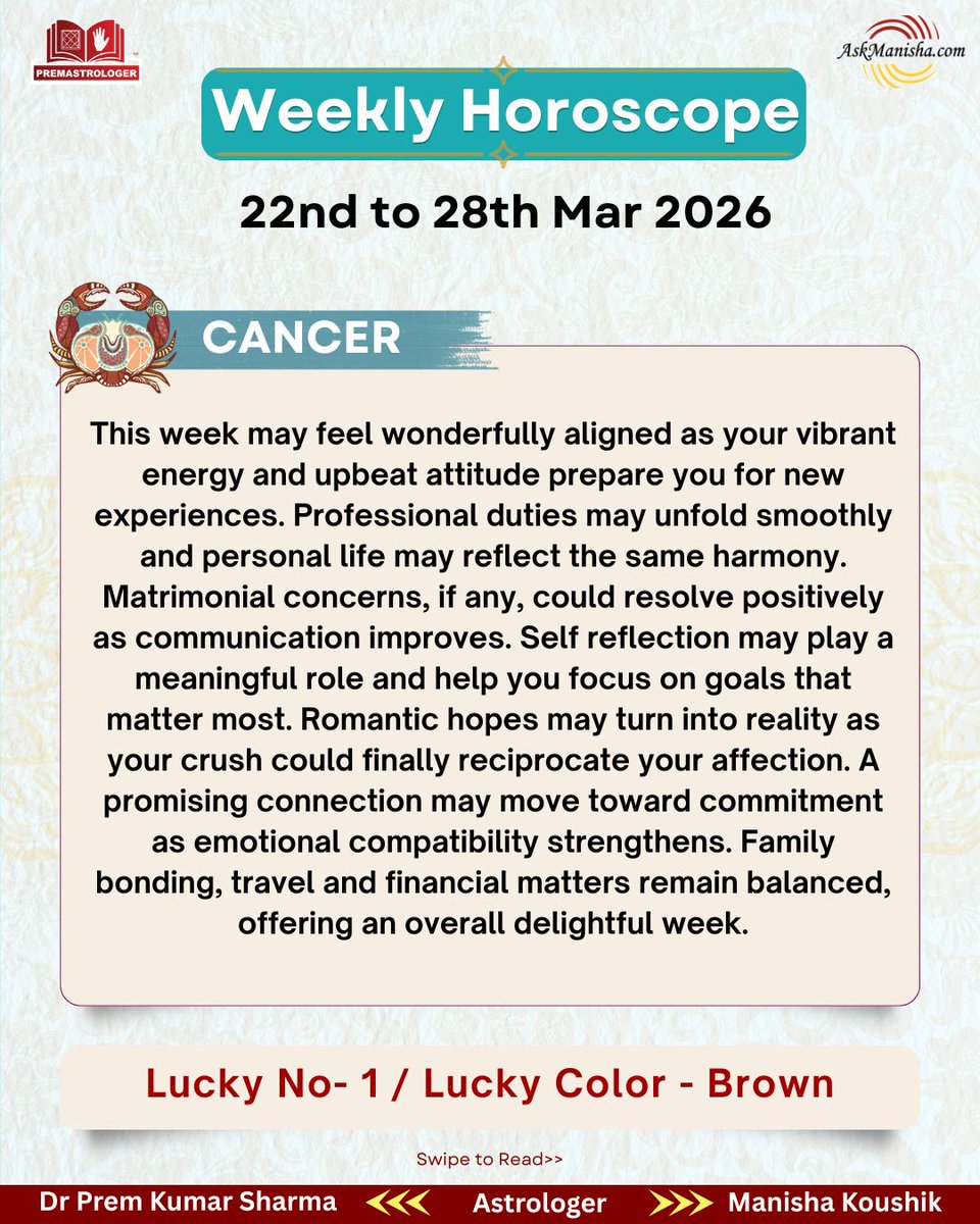 premastrologer's tweet photo. Weekly Horoscope 22nd to 28th Mar'2026
#Aries #Taurus #Gemini #Cancersign
#weeklyhoroscope

To check your sign pls click the link below:
https://t.co/oEtBrLmYb2
For personal consultation at +919216141456 https://t.co/RM6zj3jdgC