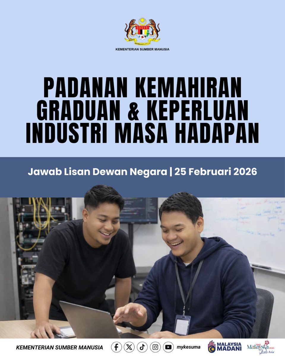 mykesuma's tweet image. KESUMA perkukuh padanan kemahiran graduan melalui HRD Corp–ITS, TalentCorp–MYMAHIR SkillsLab dan MYMAHIR FSTC. Kerjasama Kerajaan–Institusi–Industri serta perancangan bakat berasaskan data diperkasa agar latihan selari teknologi dan ekonomi semasa.

#KESUMA #MalaysiaMADANI #TVET