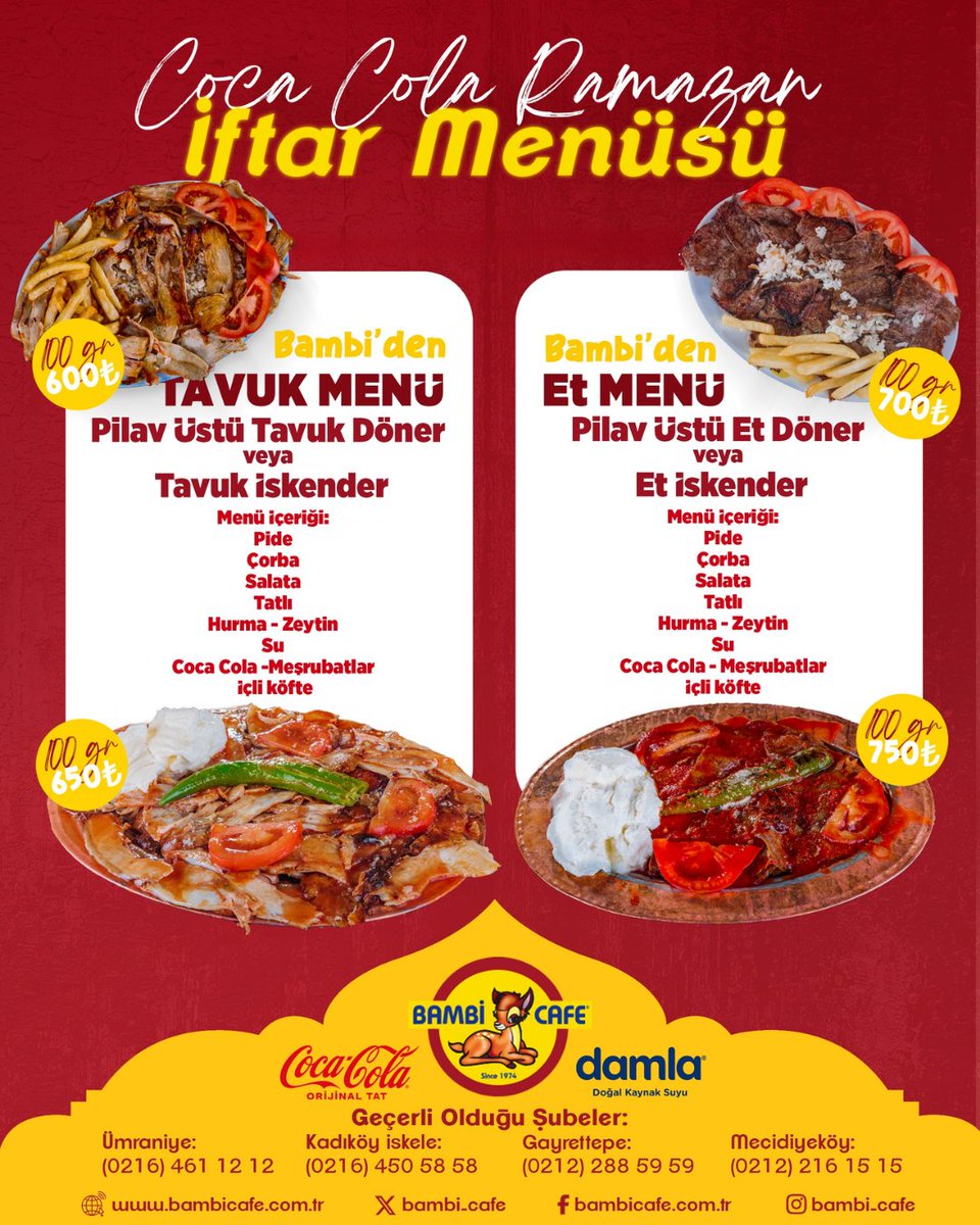 Ramazan sofralarımızın bereketi Bambi Cafe'de! 
En özel fiyatlarla sizlerleyiz 

📍 Gayrettepe
☎️0212 288 59 59

📍 Mecidiyeköy
☎️0212 216 15 15

📍 Kadıköy
☎️0216 450 58 58

📍 Ümraniye
☎️0216 461 12 12

#bambicafe #istanbul #bambicandır #bambicafelezzetleri #ramazan