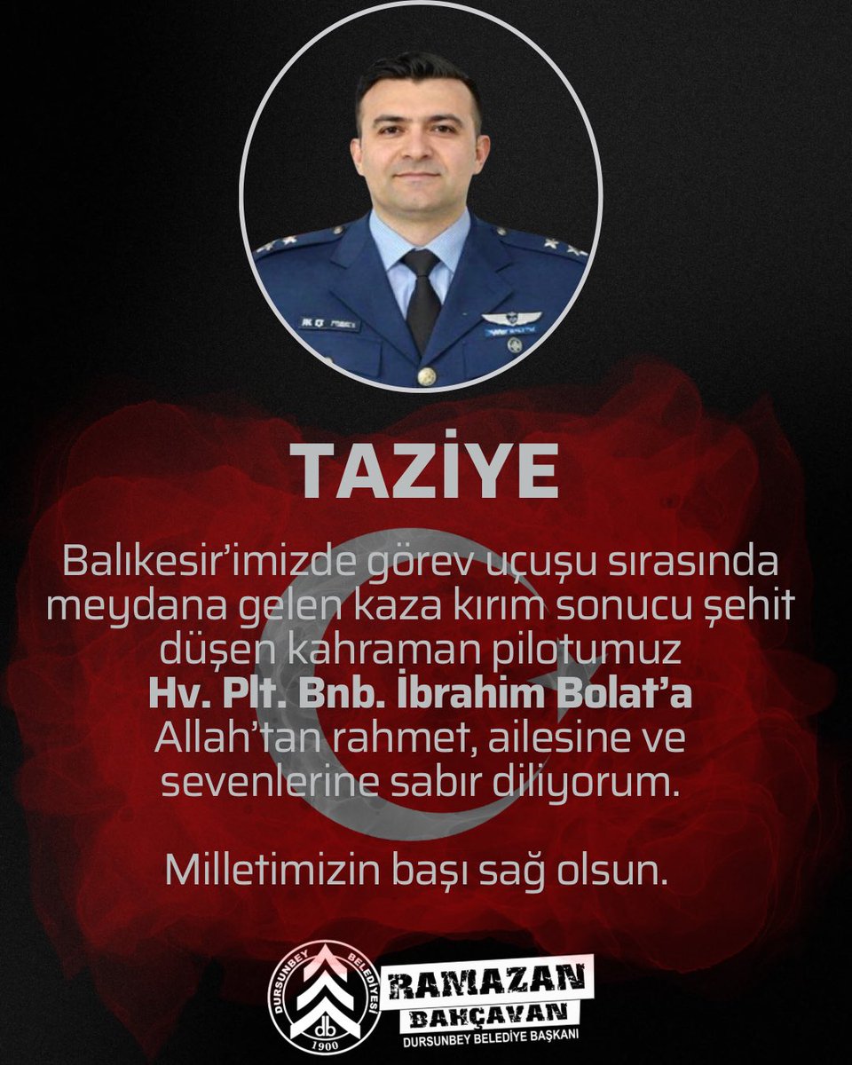 Balıkesir’imizde görev uçuşu sırasında meydana gelen kaza kırım sonucu şehit düşen kahraman pilotumuz  Hv. Plt. Bnb. İbrahim Bolat’a  Allah’tan rahmet, ailesine ve sevenlerine sabır diliyorum.

Milletimizin başı sağ olsun.🇹🇷