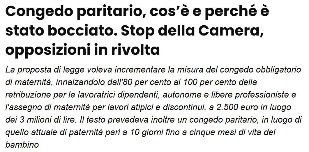 1/ 
Non sono neanche in grado di trovare 4 miliardi di euro per i congedi parentali

Le opposizioni unite, prima firma Elly Schlein, hanno presentato una proposta per introdurre 5 mesi di congedo per ciascun genitore pagati al 100%, estesi anche ad autonomi e genitori non sposati