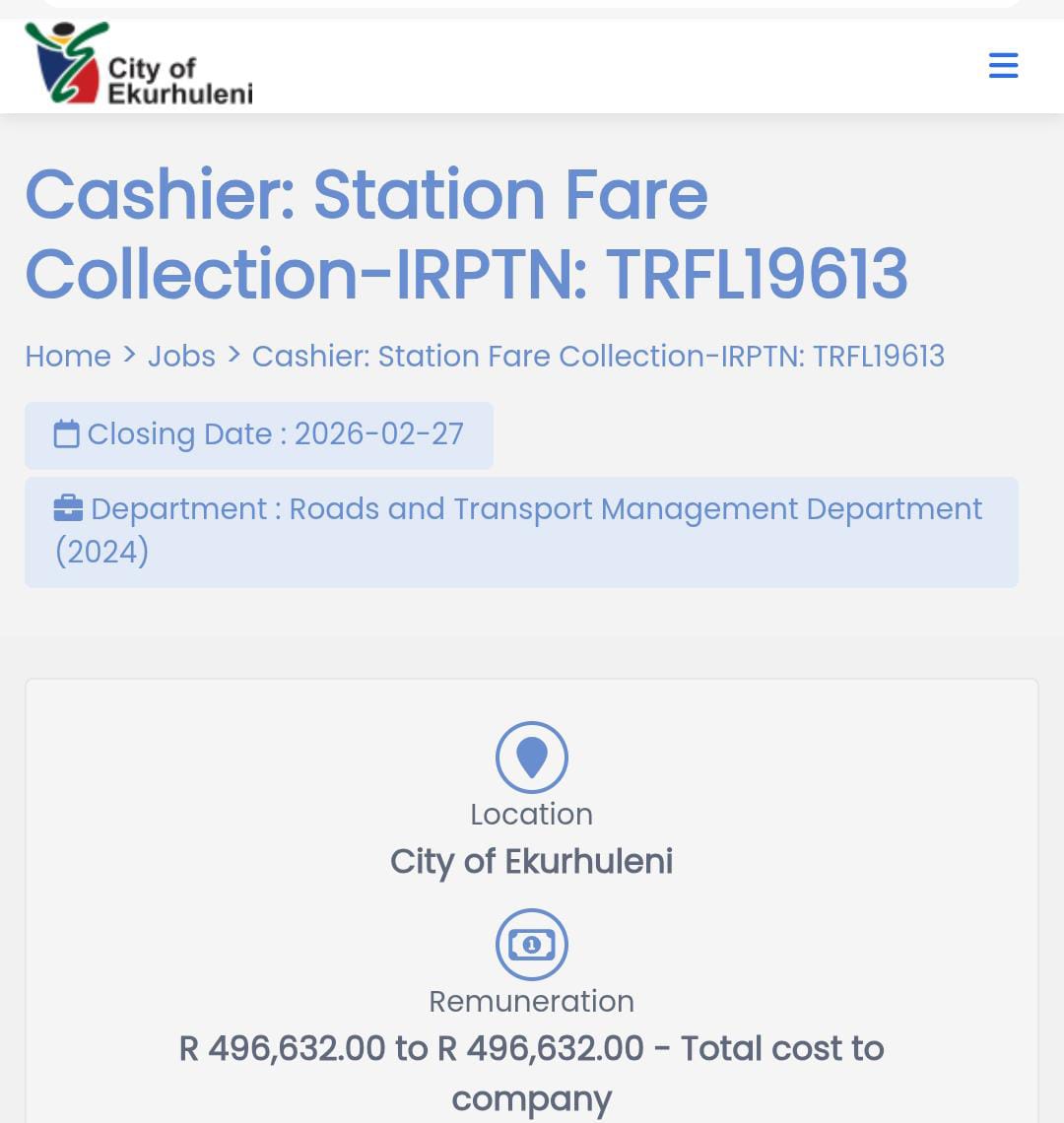 📌City of Ekurhuleni is hiring!

✅Cashiers- Station Fare Collection 

📍Gauteng 

Salary: R496, 632 to  R496, 632 per annum 

Requirements:
- Grade 12/ Matric
- Cashiers experience or knowledge 
- Computer literate 

Closing Date: 27-February-2026
 
Apply: