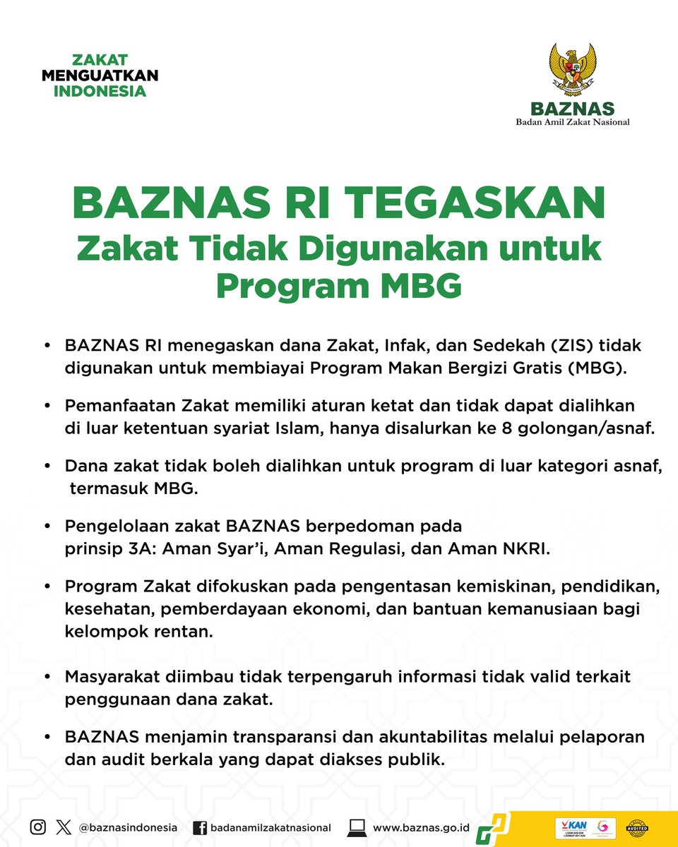 99propaganda's tweet photo. Sedahsyat itu ya Program MBG sampai harus diserang berbagai macam fitnah.

Hati-hati jangan sampai masyarakat akhirnya muak dengan konspirasi yang ingin menghentikan program MBG.

BAZNAS RI menegaskan bahwa dana Zakat, Infak, dan Sedekah (ZIS) yang dititipkan masyarakat tidak digunakan untuk membiayai Program Makan Bergizi Gratis (MBG).