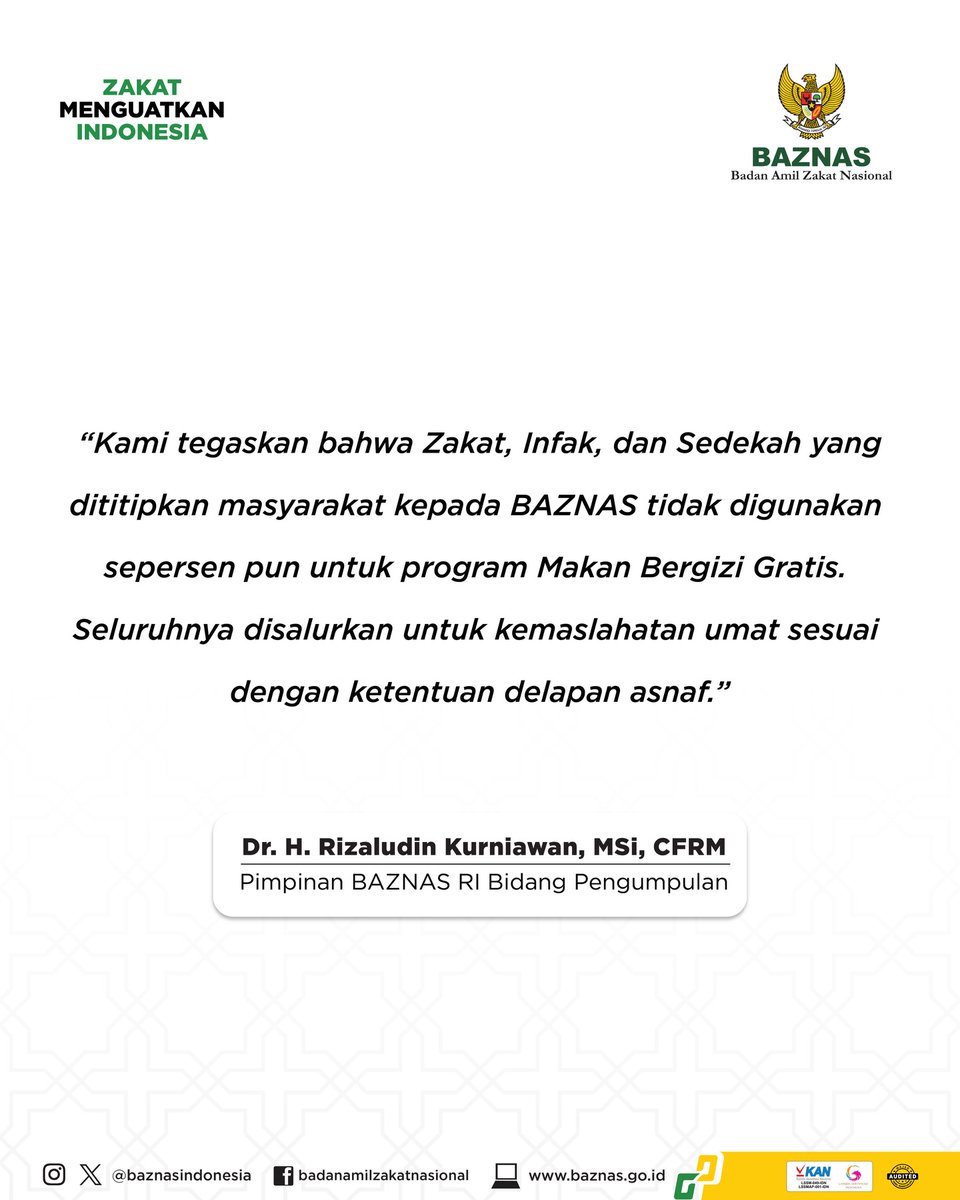 99propaganda's tweet photo. Sedahsyat itu ya Program MBG sampai harus diserang berbagai macam fitnah.

Hati-hati jangan sampai masyarakat akhirnya muak dengan konspirasi yang ingin menghentikan program MBG.

BAZNAS RI menegaskan bahwa dana Zakat, Infak, dan Sedekah (ZIS) yang dititipkan masyarakat tidak digunakan untuk membiayai Program Makan Bergizi Gratis (MBG).