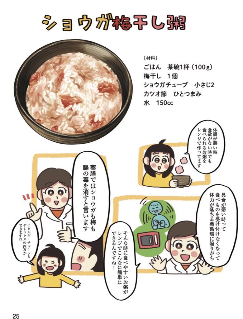 エネルギーチャージと
デトックスが両方できる❗️
レンジで4分❗️
「ショウガ梅干し粥」
前までは肉を食べてパワーチャージできてたけど最近はもっぱらお粥な私です…
疲れてる時、手足が冷えてる時によく効きます🌸