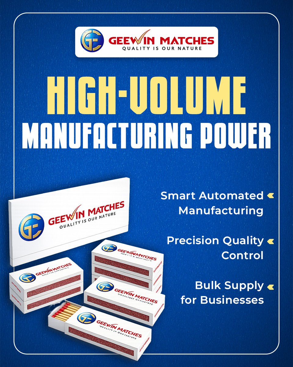GeewinM's tweet photo. 🔥 Powering Performance. Perfecting Every Spark. 🔥

🌐 Visit: https://t.co/TAh6XY9GAb

#GeewinMatches #CustomMatchBoxes #PrivateLabelMatches #BulkMatchSupply #WholesaleMatches #MatchstickManufacturer #ExportQualityMatches #MoistureResistantMatches #DurableMatchsticks https://t.co/RAgFjnJk5G