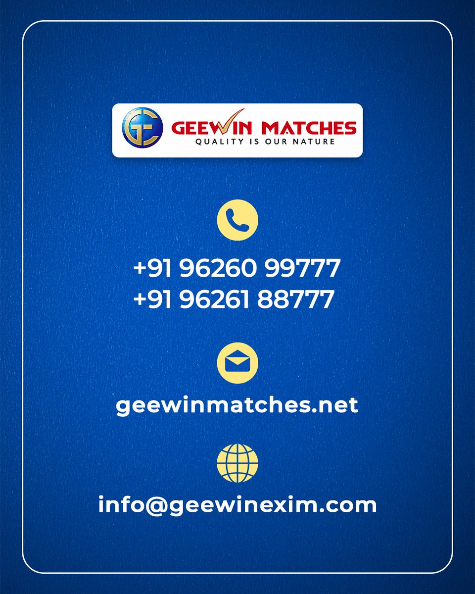 GeewinM's tweet photo. 🔥 Powering Performance. Perfecting Every Spark. 🔥

🌐 Visit: https://t.co/TAh6XY9GAb

#GeewinMatches #CustomMatchBoxes #PrivateLabelMatches #BulkMatchSupply #WholesaleMatches #MatchstickManufacturer #ExportQualityMatches #MoistureResistantMatches #DurableMatchsticks https://t.co/RAgFjnJk5G