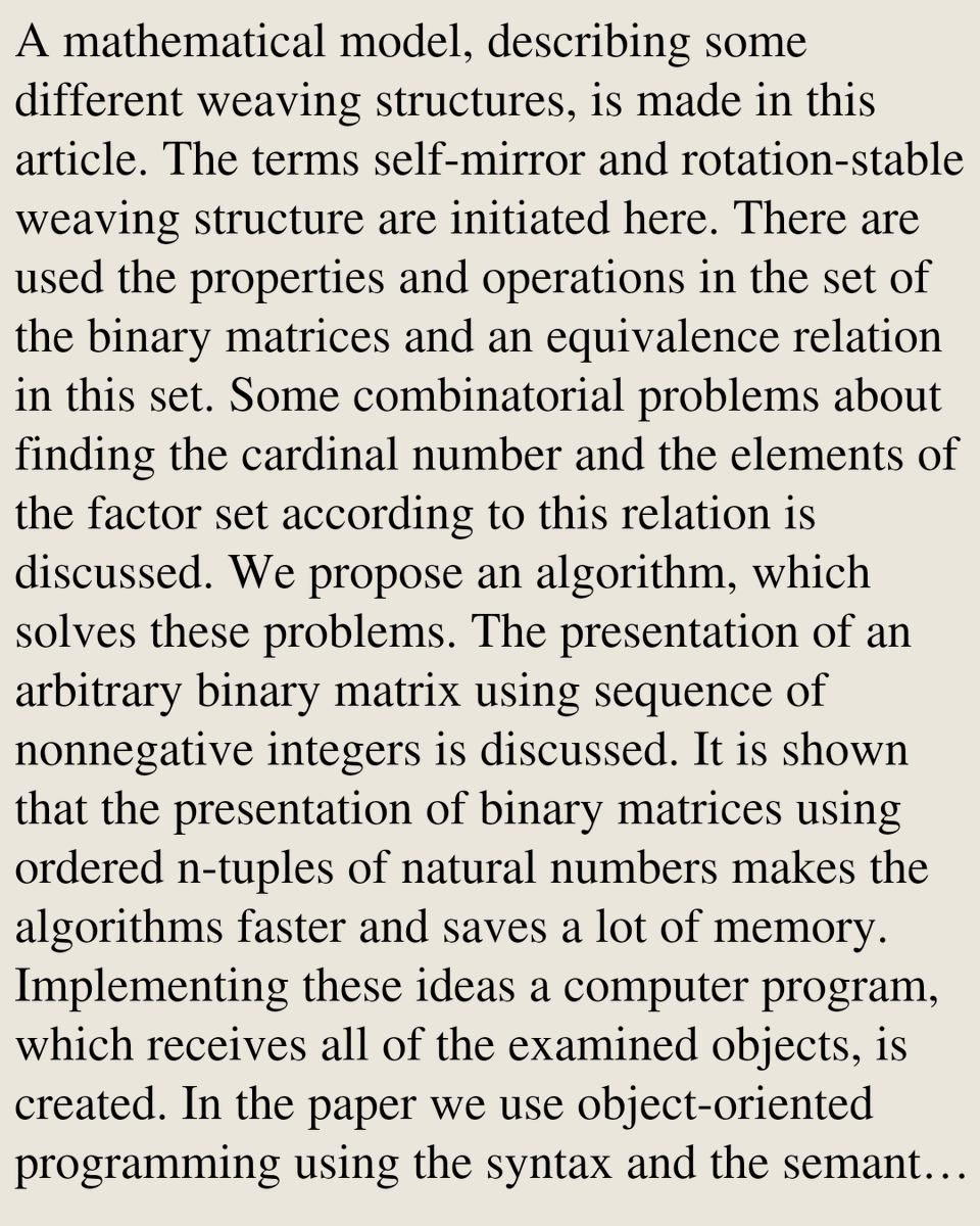 Mathematical Modeling in the Textile Industry

Krasimir Yordzhev, Hristina Kostadinova
arxiv.org/abs/2602.20189 [𝚖𝚊𝚝𝚑.𝙶𝙼]