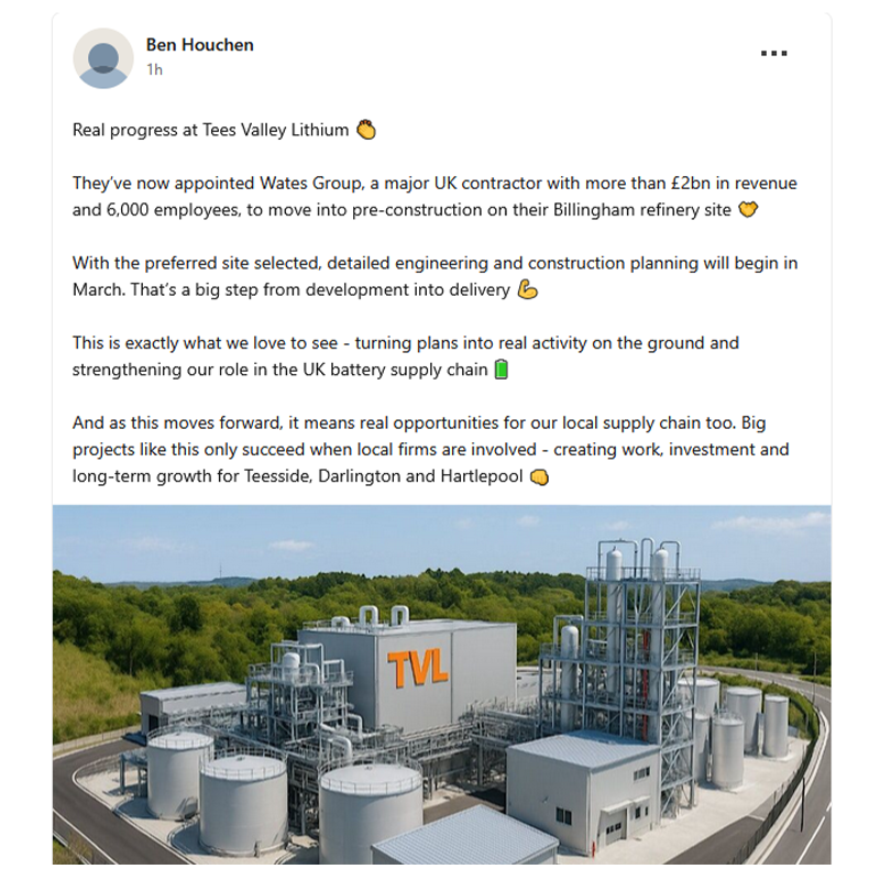 AlkemyCapital's tweet photo. #ALK Strong support from Ben Houchen, Mayor of Tees Valley, on @TVLithium’s latest milestone 👇

With Wates appointed and pre-construction starting in March, Teesside’s flagship lithium refinery is moving firmly into delivery mode.

📰 https://t.co/M3kb8fox9c https://t.co/aBzqg6mOd9