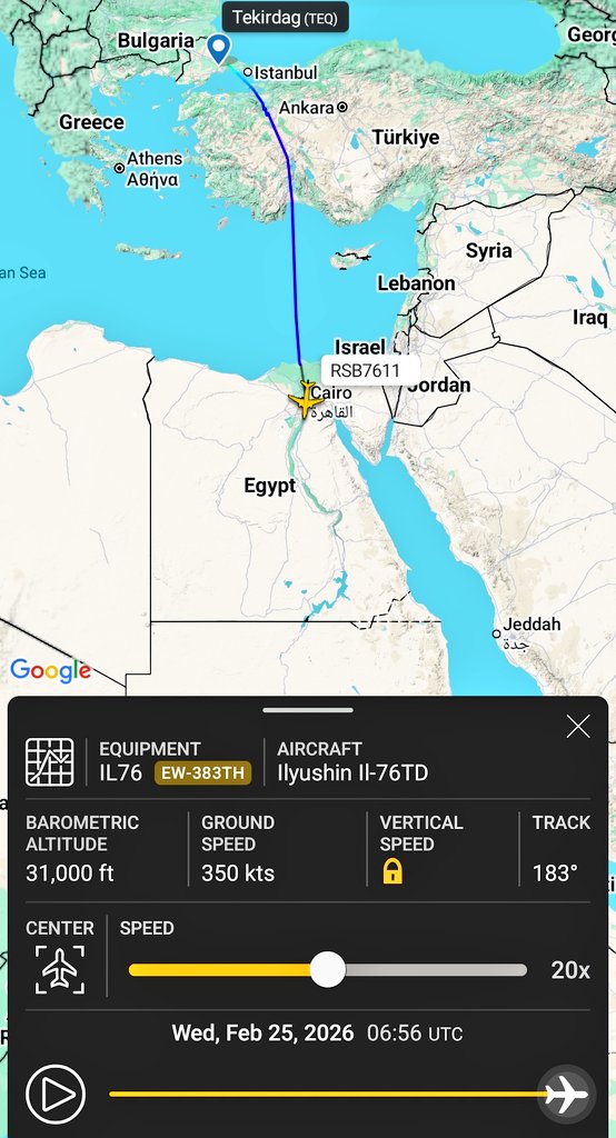 AfriMEOSINT's tweet photo. Rubystar’s IL-76TD cargo aircraft (reg. EW-383TH) flew today from Tekirdag Corlu Airport, Turkey 🇹🇷, to an unknown destination in Africa, possibly the Egyptian drone base near the Sudanese border 🇸🇩. 

Tekirdag hosts Turkish drone maker Baykar’s testing and delivery facilities. https://t.co/5aOcbrZbgv
