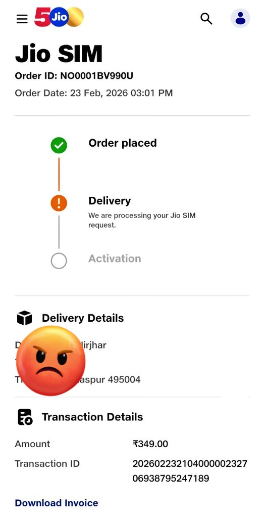 Trident_Rudra's tweet photo. @JioCare @reliancejio 
Ordered Jio SIM 2 days ago. Still, its undelivered. Delivery person number is switch off. Pathetic service..

Order ID: NO0001BV990U https://t.co/qlAz7TDO8K