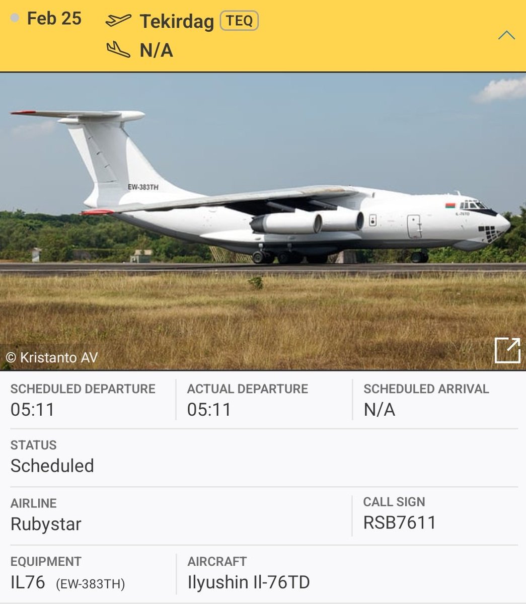 AfriMEOSINT's tweet photo. Rubystar’s IL-76TD cargo aircraft (reg. EW-383TH) flew today from Tekirdag Corlu Airport, Turkey 🇹🇷, to an unknown destination in Africa, possibly the Egyptian drone base near the Sudanese border 🇸🇩. 

Tekirdag hosts Turkish drone maker Baykar’s testing and delivery facilities. https://t.co/5aOcbrZbgv