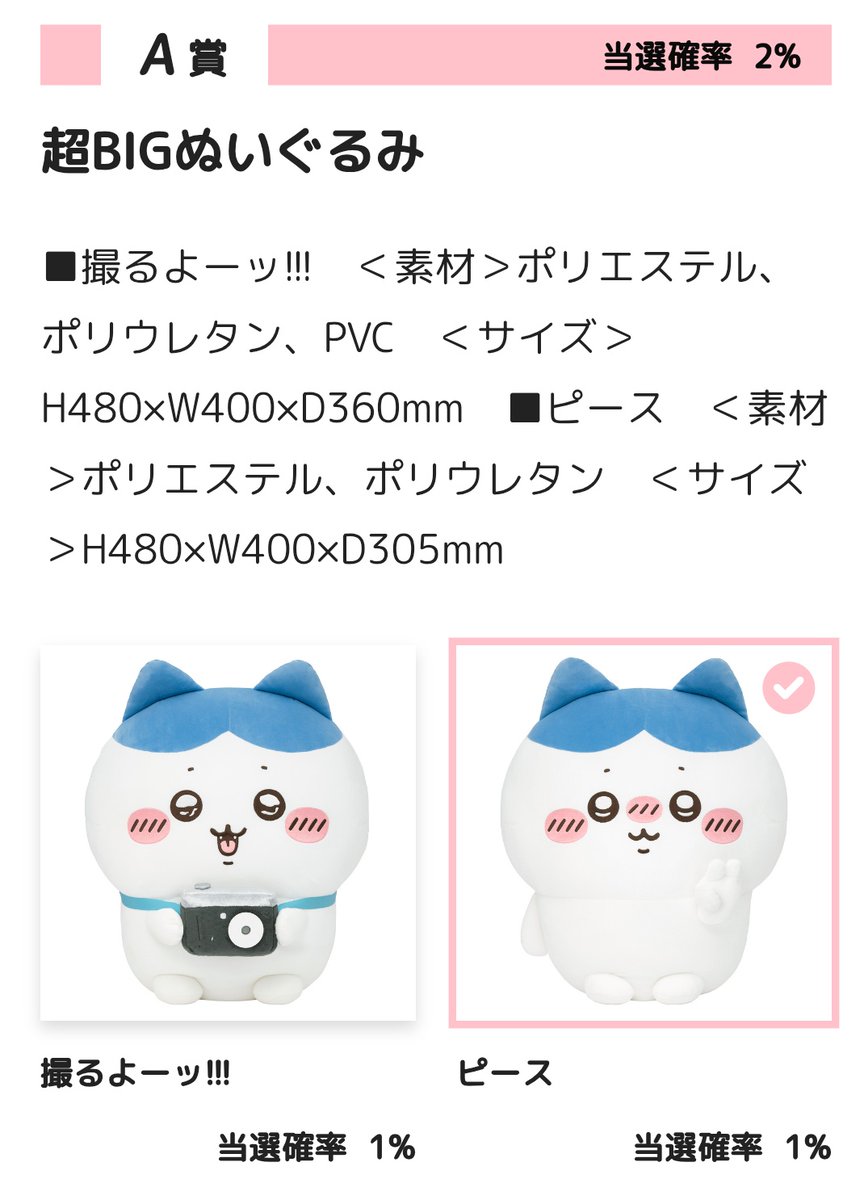 ハチワレだらけクジ A賞 ピース ちいかわだらけくじ、ハチワレだらけくじどちらもA賞ピースが出たのにB