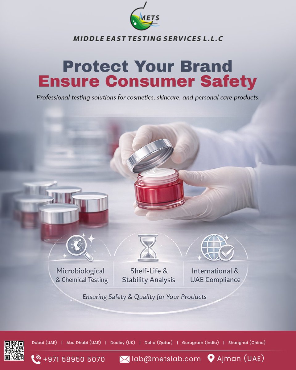 MetsLab_'s tweet photo. Protect your brand with trusted cosmetic testing solutions.
📞 +971 58950 5070
📧 lab@metslab.com
📍 Ajman, UAE
#cosmetictesting #productsafety #qualityassurance #cosmeticcompliance #skincaretesting #microbiologicaltesting #chemicaltesting #shelflifetesting #uaecompliance https://t.co/tgPFB0enbl