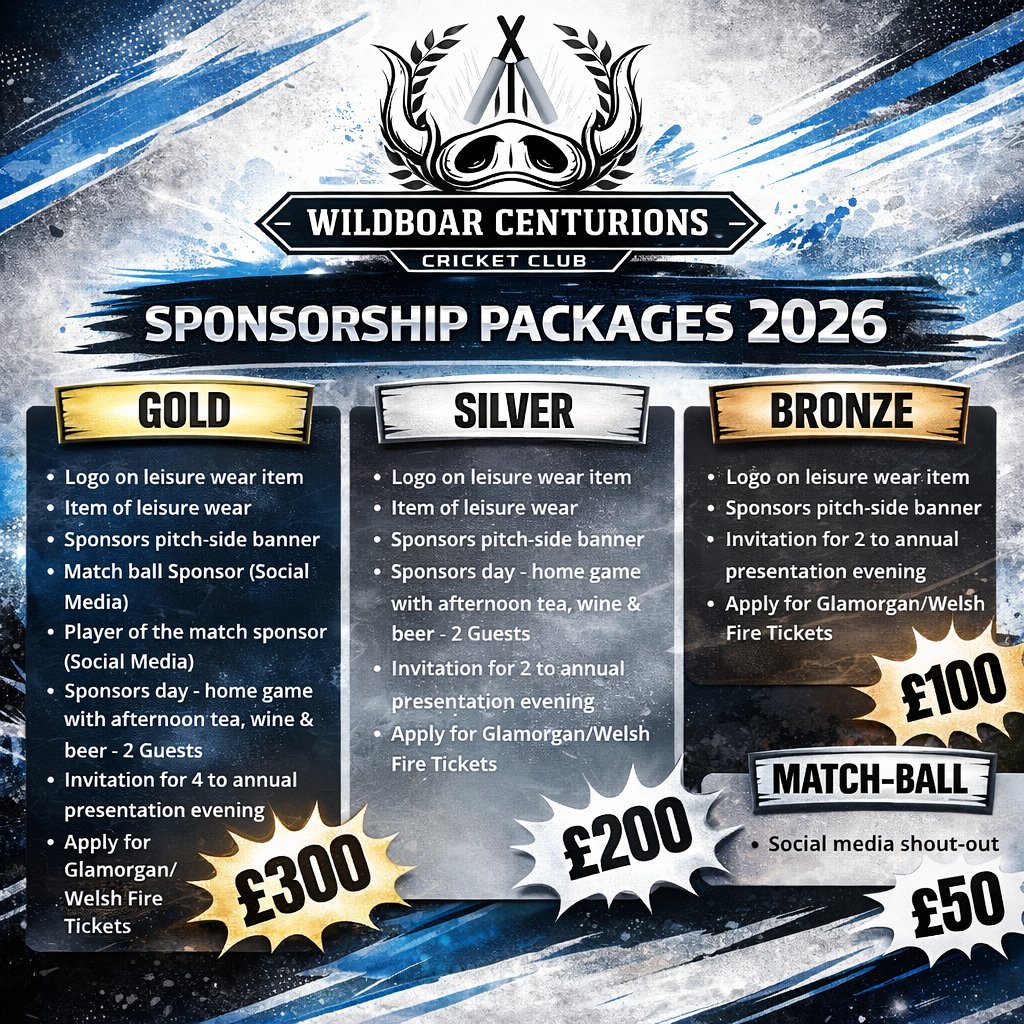 WildboarCCC's tweet photo. 🤝 SPONSORSHIP PACKAGES 2026 – NOW AVAILABLE 🤝

As we continue to climb the leagues, we’re proud to offer local businesses the chance to be part of our journey. 🐗🏏

For the 4th consecutive year, we have made the decision to lock our sponsorship prices.
We understand the pressures businesses are facing in the current economic climate, and we believe supporting grassroots sport should remain accessible and mutually beneficial.

From our ambitious and successful Saturday side pushing higher through the leagues…
To our midweek team built on enjoyment, community and fun…
Wildboar Centurions Cricket Club is growing, and so is our exposure.

Partner with our club that:
💙 Is progressing year on year
🖤 Represents community & inclusivity 
🤍 Offers real visibility across social media and matchdays

Whether it’s Gold, Silver, Bronze or Match Ball sponsorship, there’s a package to suit every business.

If you’d like to support a driven, ambitious and community-focused club, we’d love to hear from you.
📩 Message us directly
📧 wildboarcenturions@gmail.com

Let’s grow together in 2026.

#SupportLocalSport #CommunityPartnership #Centurions #SponsorABoar