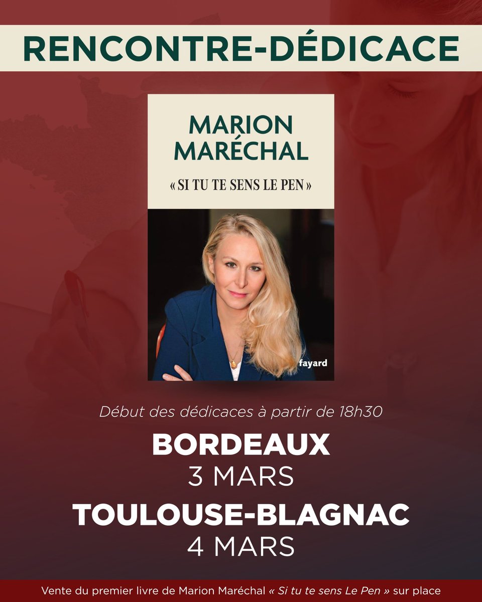 ✍️ Je vous donne rendez-vous la semaine prochaine pour deux séances de dédicaces autour de mon livre « Si tu te sens Le Pen » :
à Bordeaux le 3 mars,
et à Toulouse-Blagnac le 4 mars.

👉 Inscriptions conseillées :
📌 Bordeaux - billetweb.fr/rencontre-dedi…
📌 Toulouse-Blagnac -