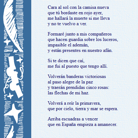 🎶Parece ser que a Pedro Sánchez y su Gobierno le molesta bastante que nuestros jóvenes canten el "CARA AL SOL".
Pues distribuyamos por todas las redes la letra de ese precioso himno que escribió José Antonio Primo de Ribera en 1935.