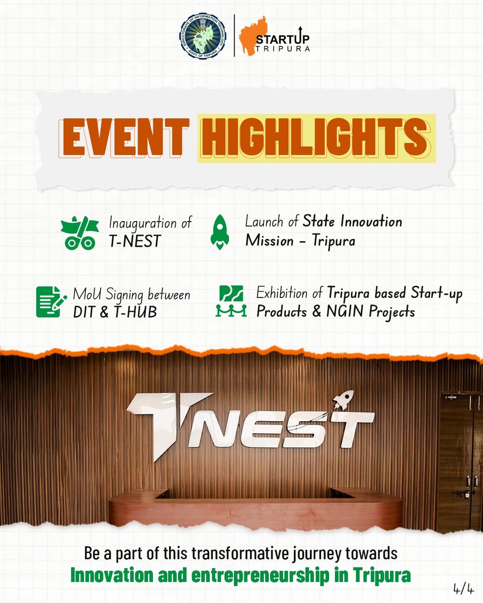 🚀 A New Era of Innovation Begins in Tripura 

#TripuraCM Prof. (Dr.) Manik Saha will inaugurate TNEST – Tripura’s First Flagship Incubation &amp; Innovation Hub, an initiative of the Directorate of Information Technology, Government of Tripura

(1/N)