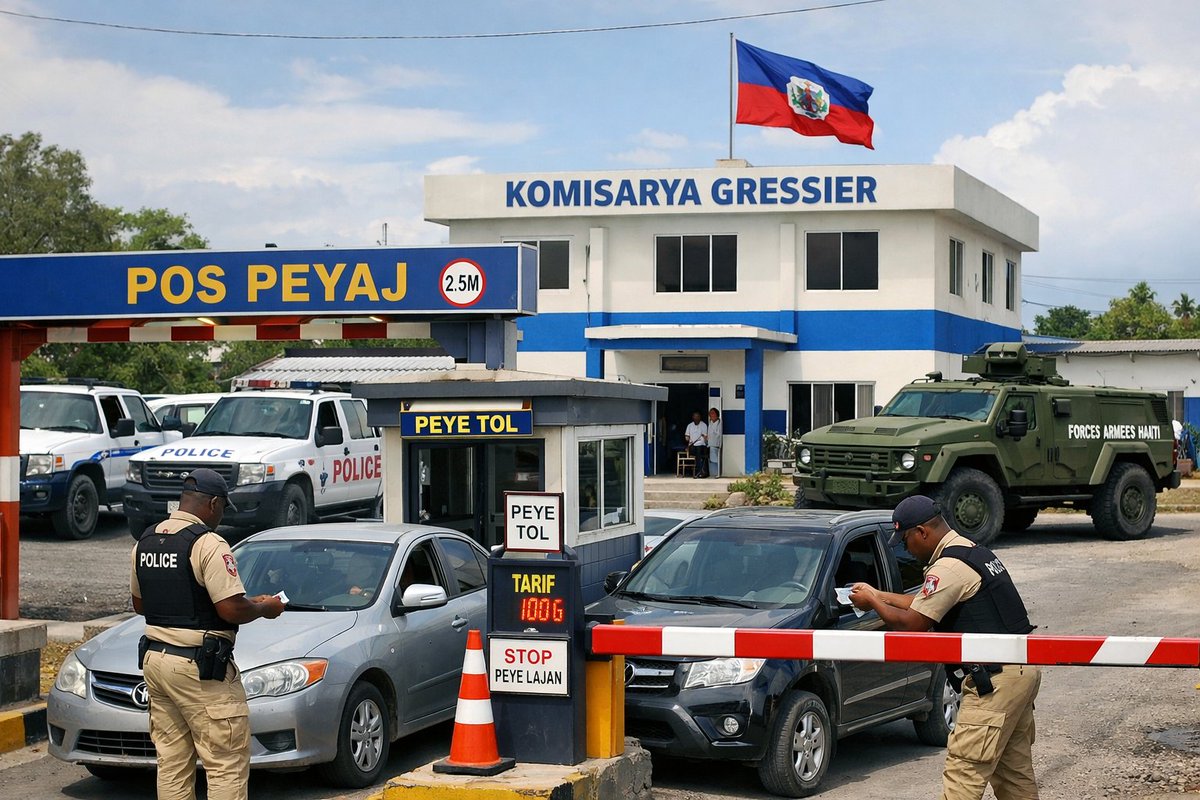 FrantzJean31789's tweet photo. Imaj montre KOMISARYA GRESSIER ak drapo Ayiti sou toit, machin polis ak militè nan lakou, polisye ap fè peyaj ak baryè kote chak machin dwe peye pou pase.#Haiti #haïtiens #Gressier https://t.co/MpGfaoNeLH
