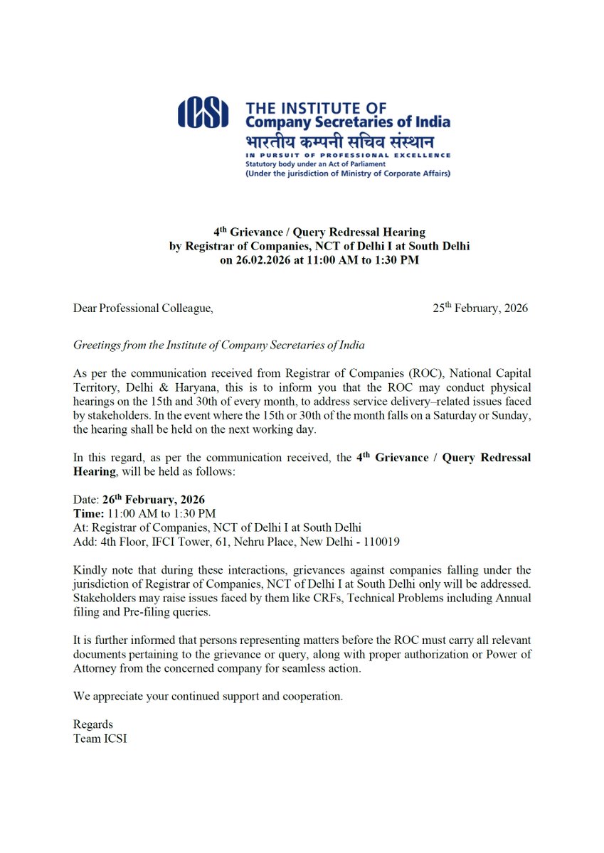 icsi_cs's tweet image. 4th #Grievance / #Query #Redressal Hearing by Registrar of Companies, NCT of Delhi at South Delhi on 26.02.2026 at 11:00 AM #ROC @MCA21India