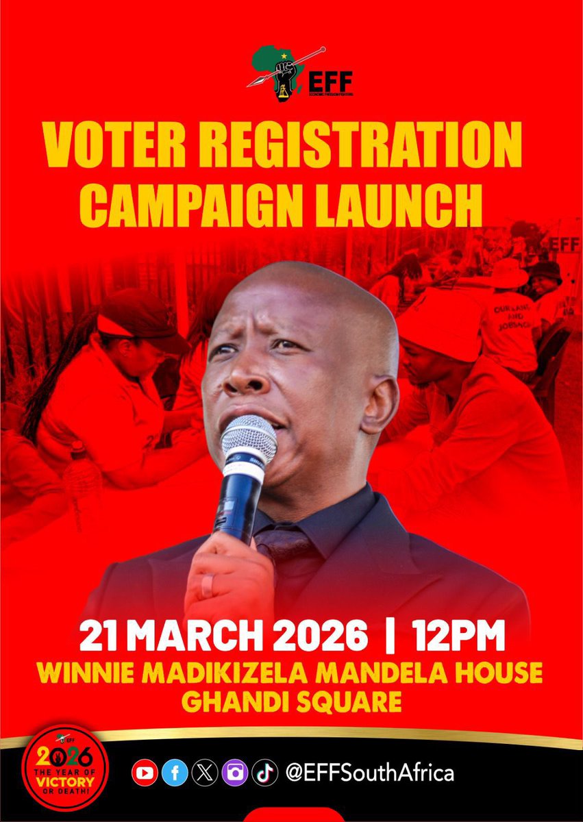 ANNOUNCEMENT: THE MARCH TO VICTORY BEGINS NOW‼️‼️‼️

Fighters and Ground Forces, the moment to act is here. The Economic Freedom Fighters will officially unleash our Voter Registration Campaign on Saturday, 21 March 2026 (Human Rights Day).

Venue: Winnie Madikizela-Mandela