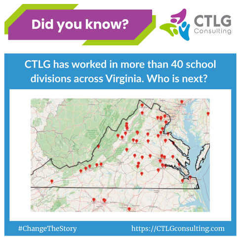 CTLGConsulting's tweet photo. CTLG: Did you know? We have directly supported over 40 Virginia school divisions! 

We’ve seen firsthand the incredible dedication of Virginia educators and are honored to be partners in this work.

The map is growing...  😉

#VDOE #ChangeTheStory  #StudentCenteredLearning https://t.co/U5SlbrNTC5