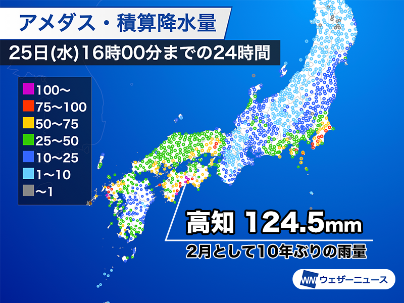 高知は2月として記録的な雨】 今日25日(水)は低気圧や前線の影響を受け