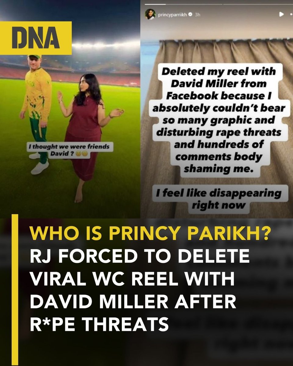dna's tweet photo. RJ and influencer Princy Parikh deleted her viral T20 World Cup reel with South Africa’s David Miller after receiving rape and death threats.
Read here: https://t.co/olI7uyexEh
#DNAUpdates | #PrincyParikh | #DavidMiller | #T20WorldCup2026 https://t.co/tFBCRDBKI5