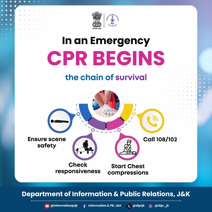 diprjk's tweet image. In a life-threatening emergency, every second counts. Ensure scene safety, check responsiveness, call 108/102, and begin chest compressions — because timely CPR can save a precious life. Be aware, be prepared, be a lifesaver.

#CPRSavesLives #ChainOfSurvival #EmergencyResponse