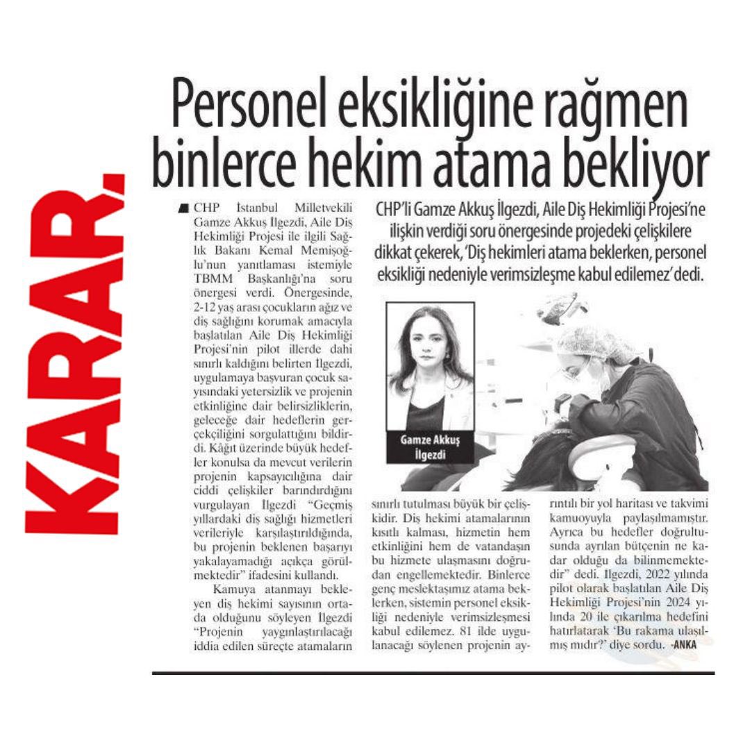 Diş hekimi atamalarının kısıtlı kalması, hizmetin hem etkinliğini hem de vatandaşın bu hizmete ulaşmasını doğrudan engellemektedir. Binlerce genç meslektaşımız atama beklerken, sistemin personel eksikliği nedeniyle verimsizleşmesi kabul edilemez!

<a href="/KararHaber/">Karar Haber</a> 

<a href="/TDB_TDA/">Türk Dişhekimleri Birliği</a>