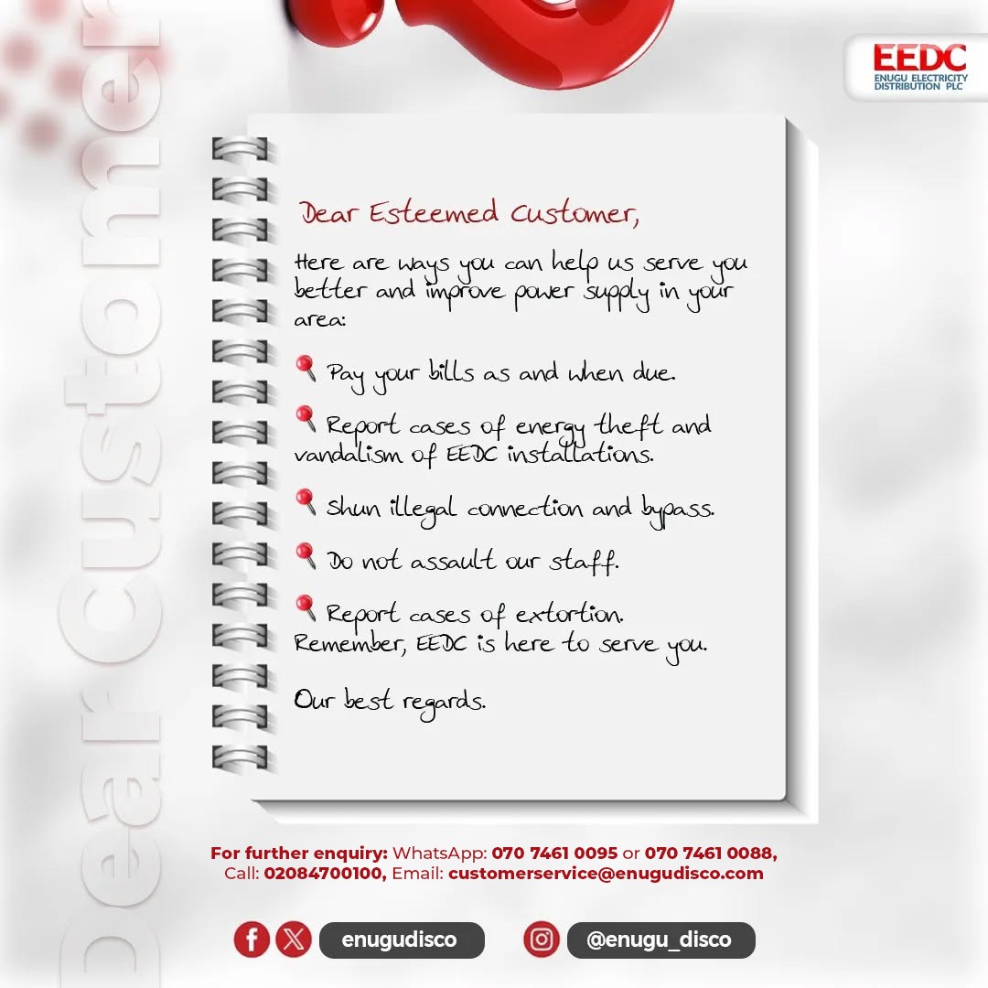 enugudisco's tweet photo. Better power supply starts with all of us.
Pay your bills on time, shun illegal connections, and report energy theft or extortion. Together, we can serve you better. โก
#EEDCcares https://t.co/s8V07ApmB6